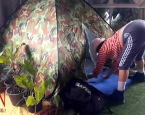 Sex in camp. A stranger fucks a nudist lady in her mouth in a camping in nature.