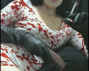 smoking wife white red dress in leather gloves makes me happy