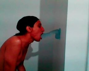 Petite Tgirl Sucks Wall Mount Dildo Lovingly