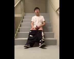 Chinese twink cum on stairs